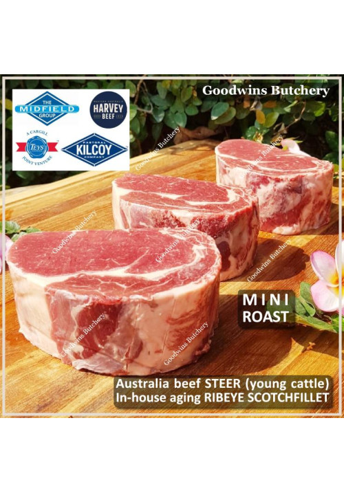 Beef Ribeye Scotch-Fillet Cube-Roll AGED BY GOODWINS 3-4 weeks STEER (young cattle) Australia HARVEY frozen ROAST MINI 5cm 2" (price/pc 700g)